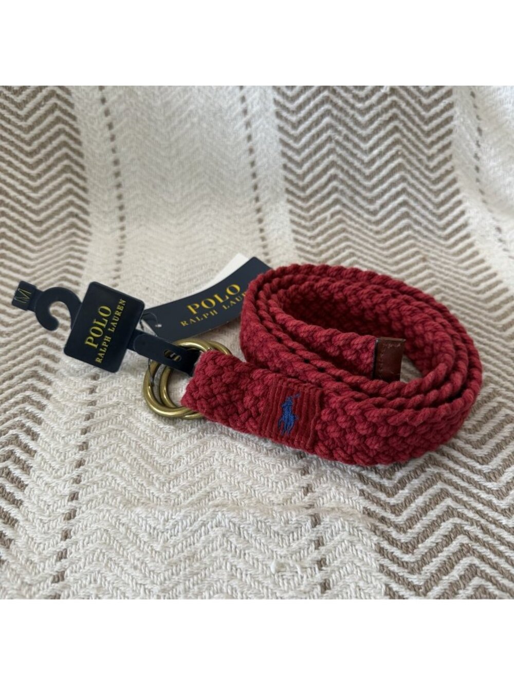 Polo Ralph Lauren Mens M Red Braided Cotton Belt Double O Ring Pony Adjustable